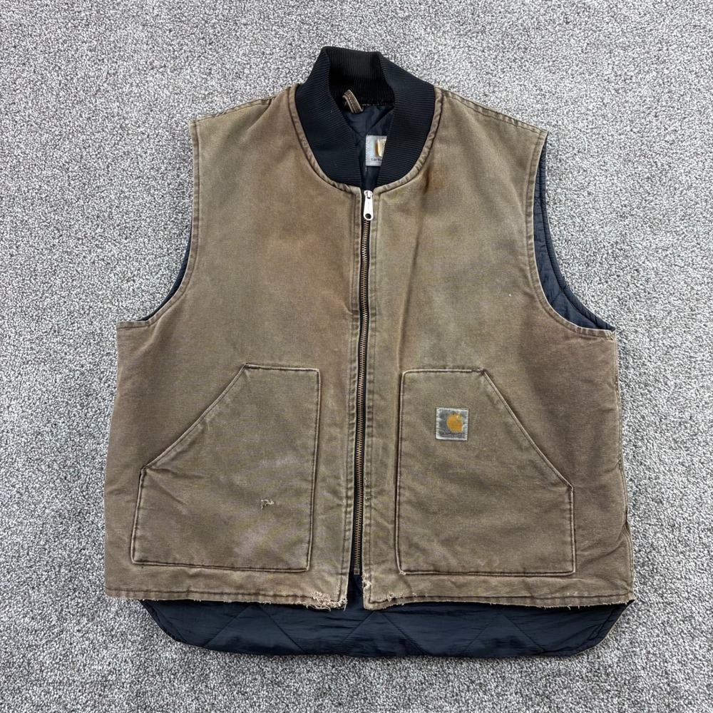 Vintage Carhartt Duck Canvas Vest Mens XL Brown Quilted‎ Lined Distressed VQ1882